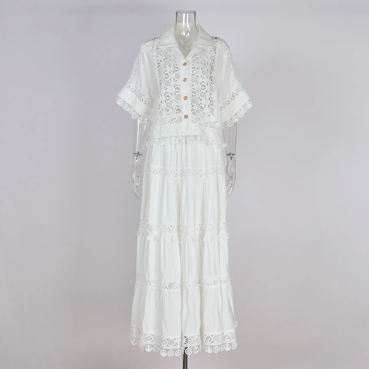 Summer Holiday Embroidery 2 Piece Sets Women Hollow Out Loose Shirt Top + Elastic Waist Maxi Skirts Suits Streetwear Y2k Outfits