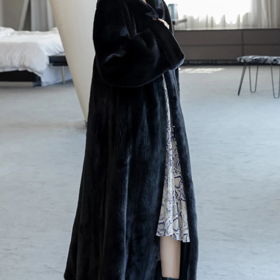 Lautaro Autumn Winter Long Luxury Elegant Thick Warm Fluffy Soft Faux Mink Fur Coat Women with Hood Loose Furry Overcoat 2025