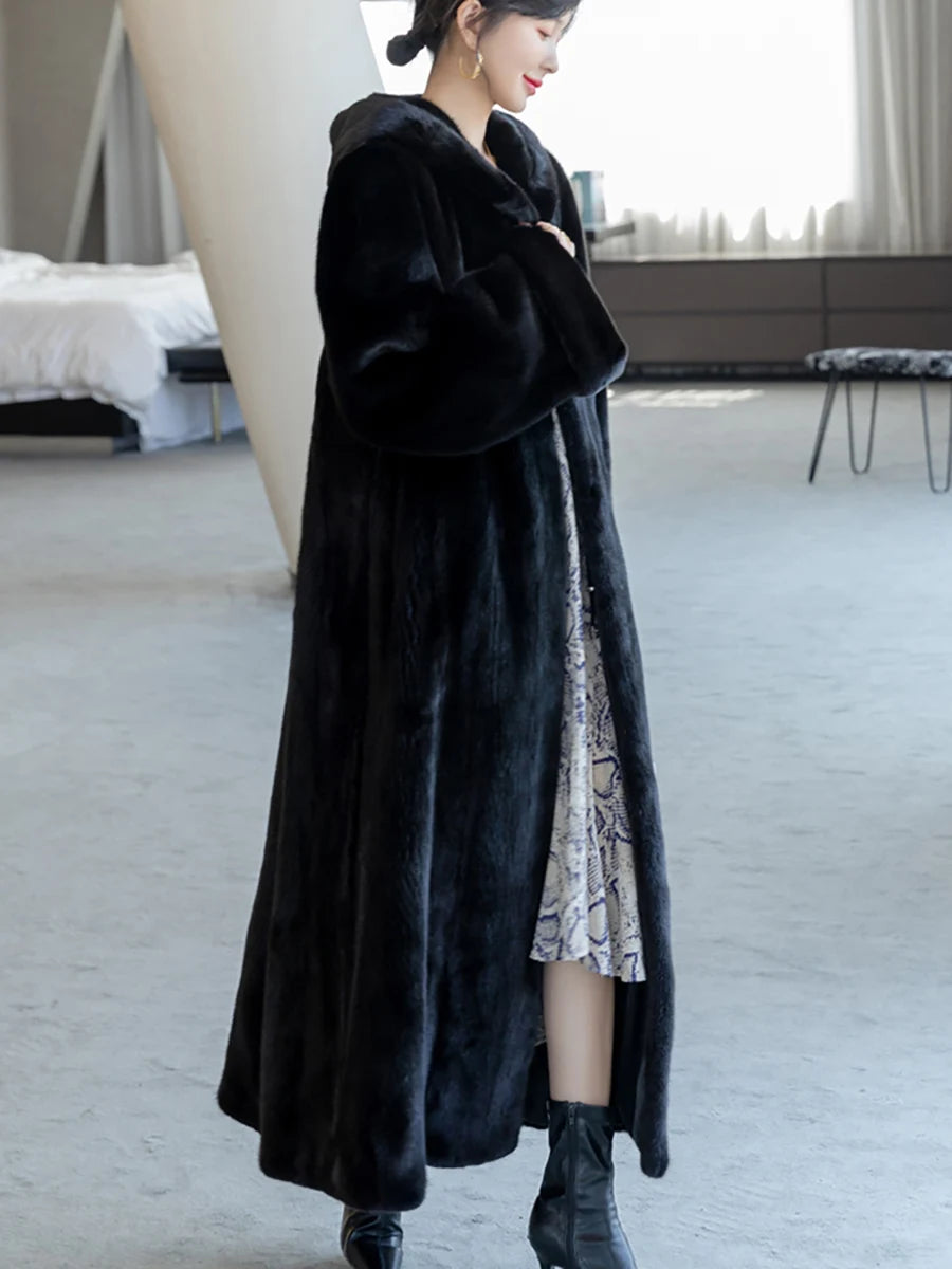 Lautaro Autumn Winter Long Luxury Elegant Thick Warm Fluffy Soft Faux Mink Fur Coat Women with Hood Loose Furry Overcoat 2025