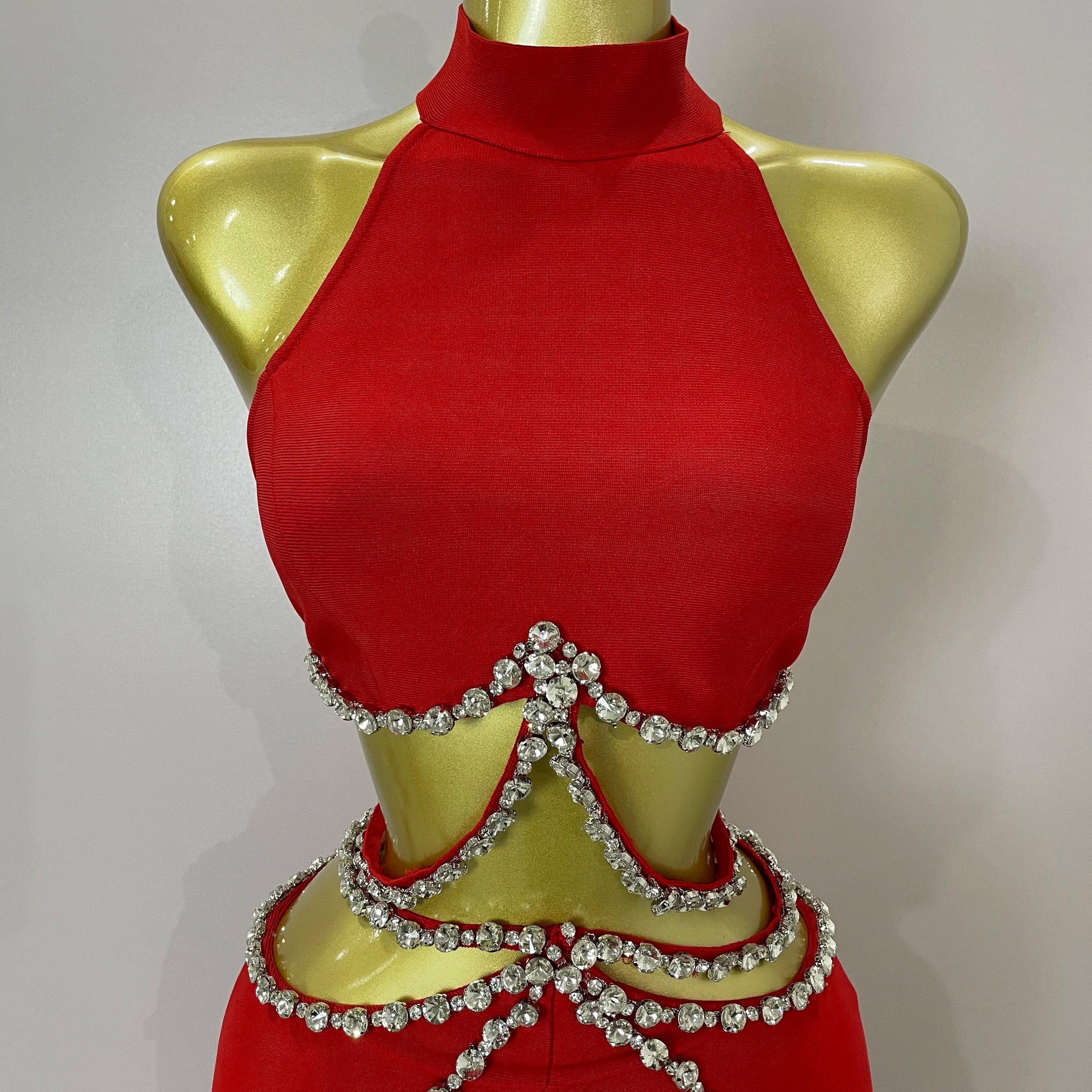 Luxury Rhinestone Red Sexy Cut Out Two Piece Pants Bandage Set 2025 Women Celebrity Designer Fashion Women's Set Stage Outfit