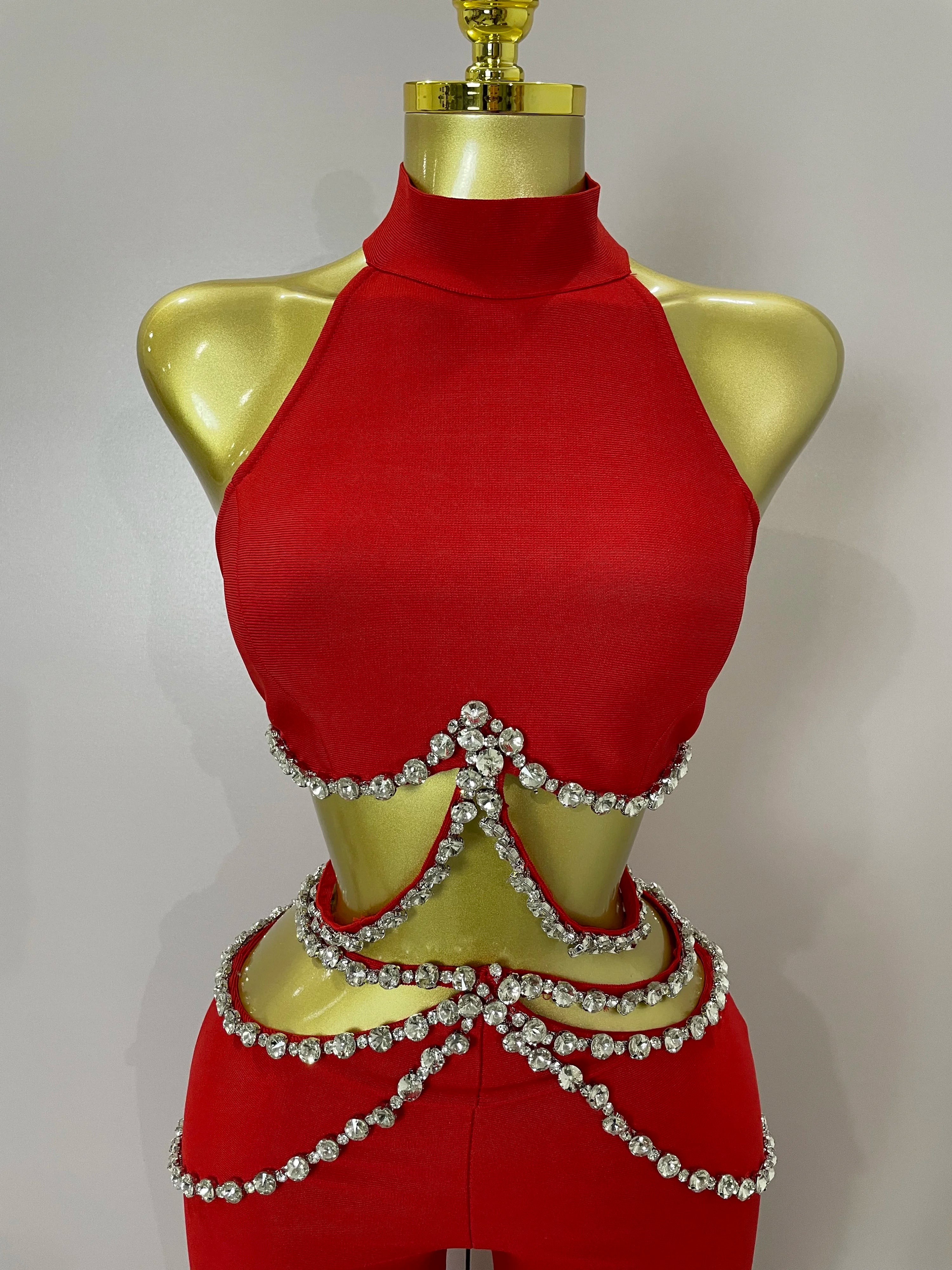 Luxury Rhinestone Red Sexy Cut Out Two Piece Pants Bandage Set 2025 Women Celebrity Designer Fashion Women's Set Stage Outfit