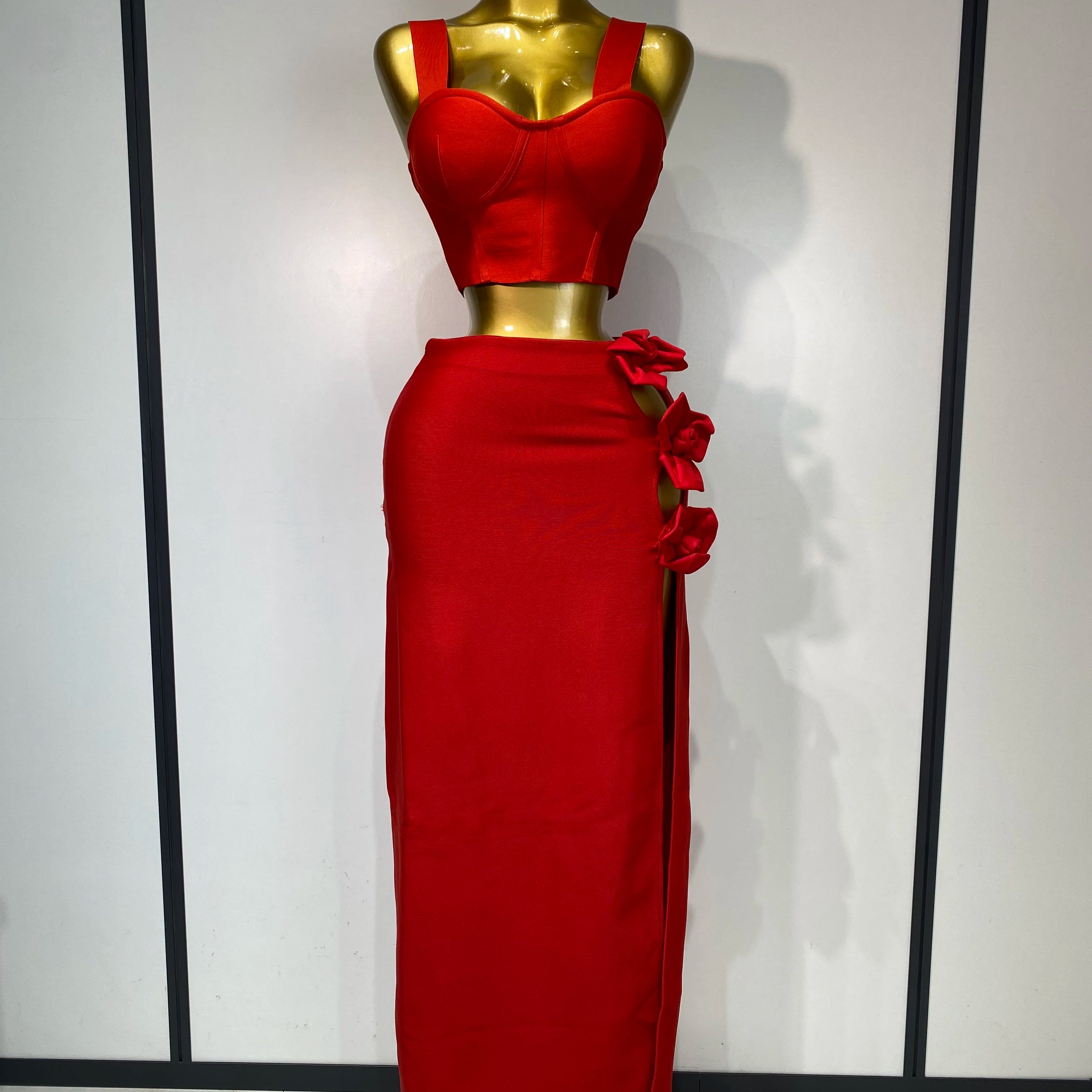 Women Red Top Flower Skirt Two Piece Set Evening Party Nightclub Elegant Host Tight Sexy Club Bodycon Bandage Long Skirt Red