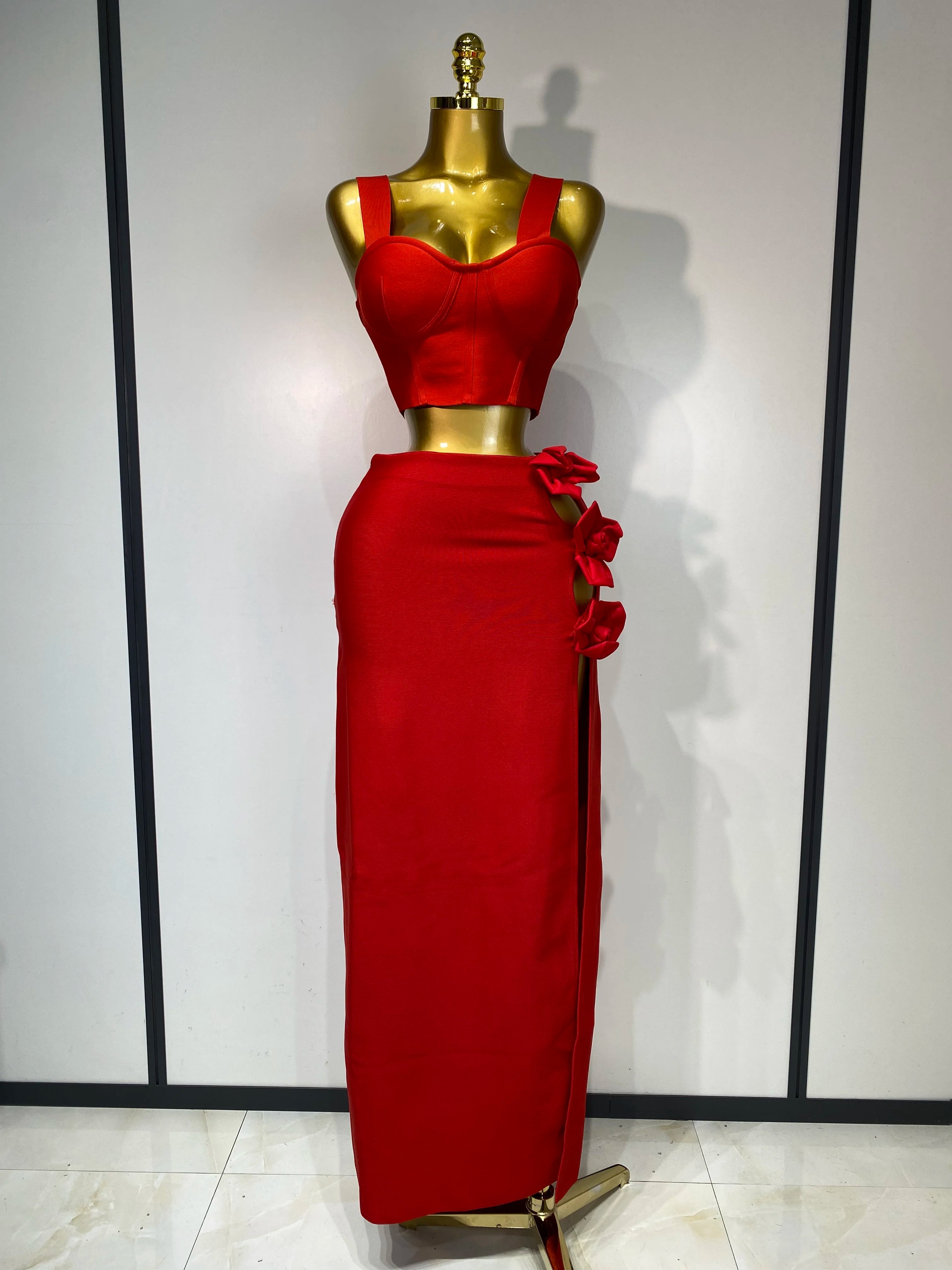 Women Red Top Flower Skirt Two Piece Set Evening Party Nightclub Elegant Host Tight Sexy Club Bodycon Bandage Long Skirt Red