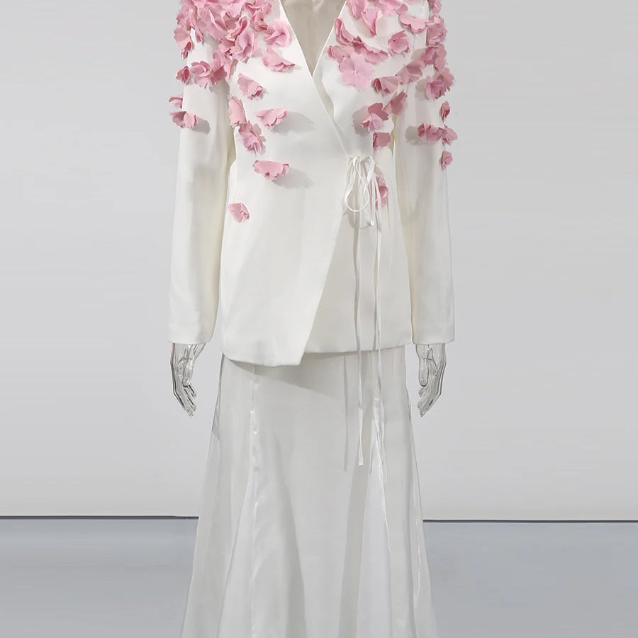 Spliced Petal Two Piece Sets for Women V Neck Long Sleeve Patchwork Lace Up Top High Wasit Skirt Elegant Set Female