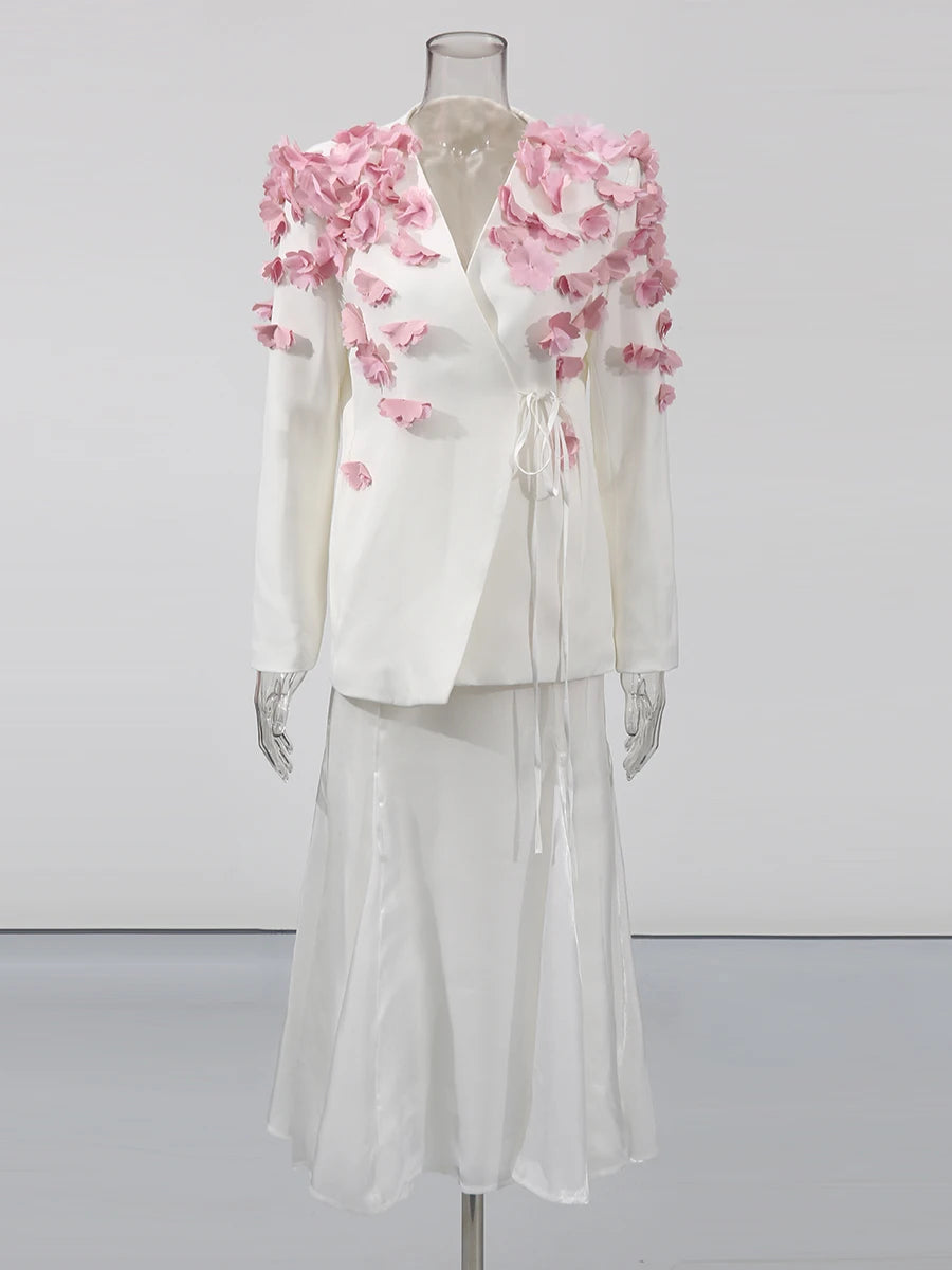 Spliced Petal Two Piece Sets for Women V Neck Long Sleeve Patchwork Lace Up Top High Wasit Skirt Elegant Set Female