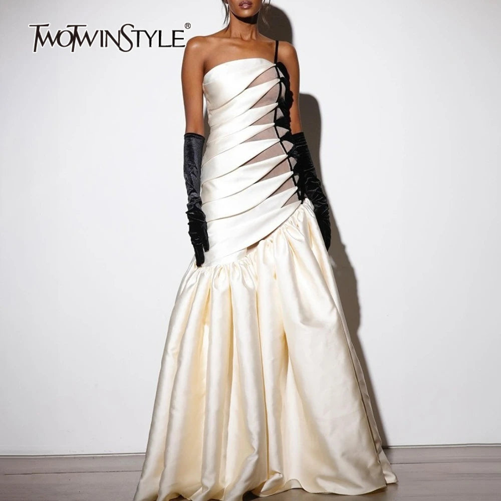 Hit Color Sheer Spliced Ruffles Elegant Dresses for Women Strapless Sleeveless Patchwork Folds Dress Female Fashion