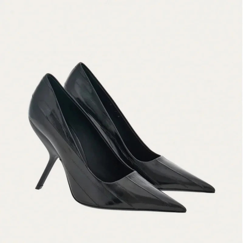 2025 New Style Women's High Heels Shoes Patent leather Pointed Toe Solid Color Night Club Party Shoes Femme Summer Half Slippers black 1