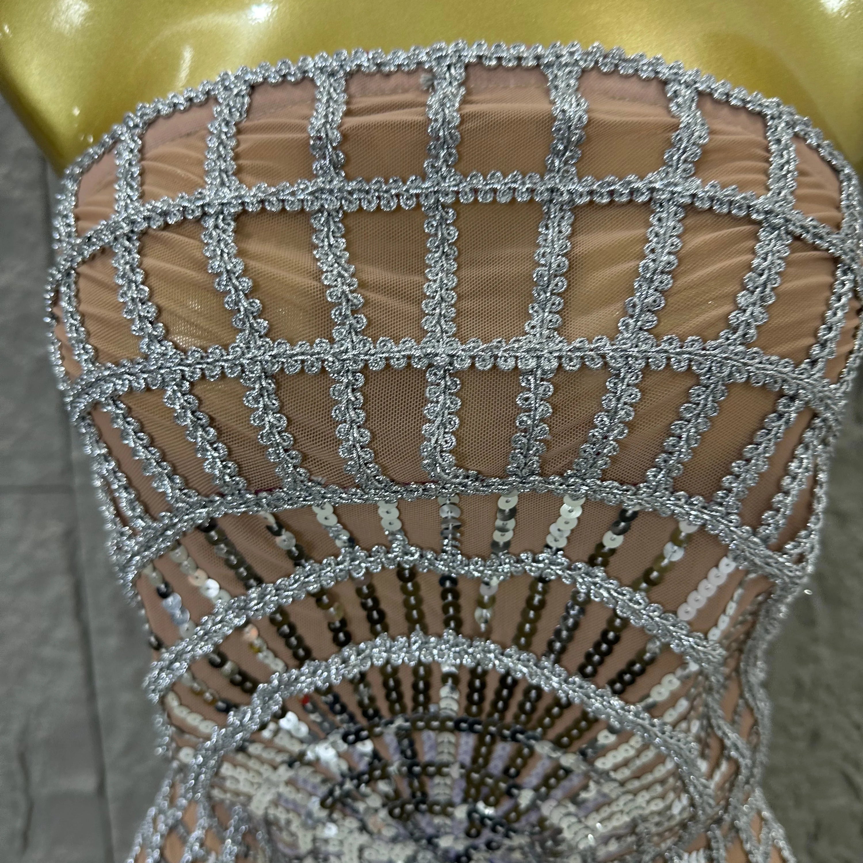 Elegant Sequined Sheer Mesh Maxi Dress Women Sexy Strapless 3D Grid Embellished Bodycon Mermaid Outfit Stage Performance Costume