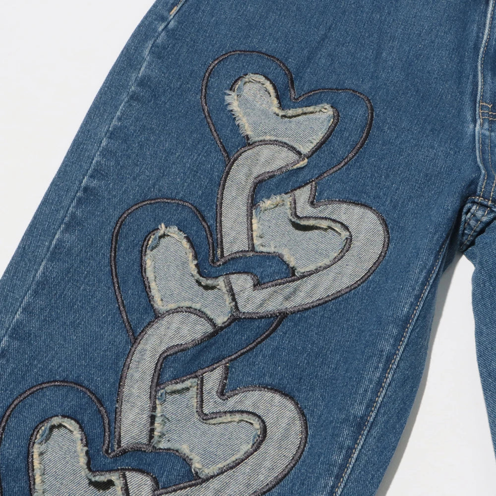 Streetwear Patchwork Button Denim Pants For Women High Waist Loose Hollow Out Designer Jeans Female Fashion Style