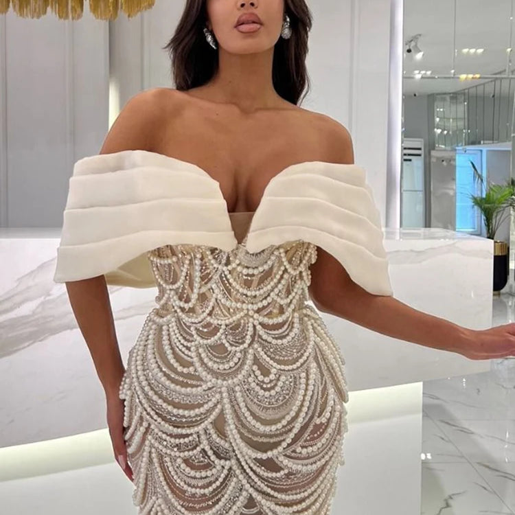 VC Beige Spilced Folds Short Dress Off The Shoulder Pearl Sequins Beading Chains Mini Cocktail Evening Party Vestido