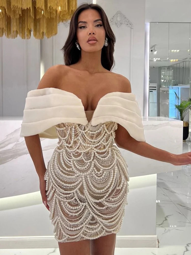 Beige Spilced Folds Short Dress Off The Shoulder Pearl Sequins Beading Chains Mini Cocktail Evening Party Vestido