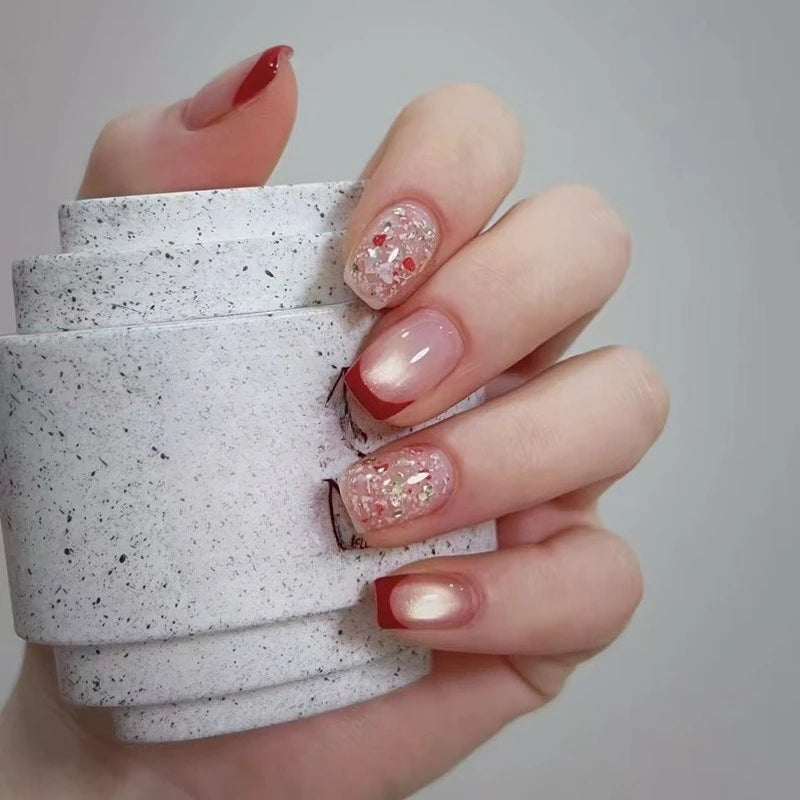 24Pcs Short False Nails with Shimmery Powder Ballet Nail Art Full Cover French Sheer Wearable Nail Manicure Tips for Girls Daily 46