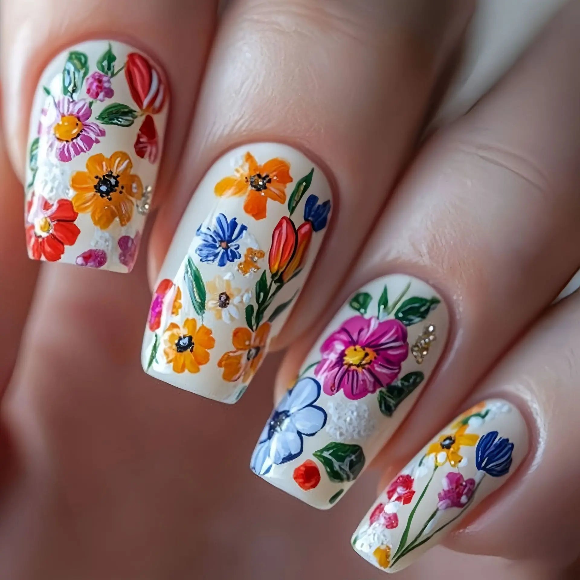 24pcs/set Medium Long fake nails for Spring summer beautiful flowers mushroom bees cute almond square tips press on false nails 2151