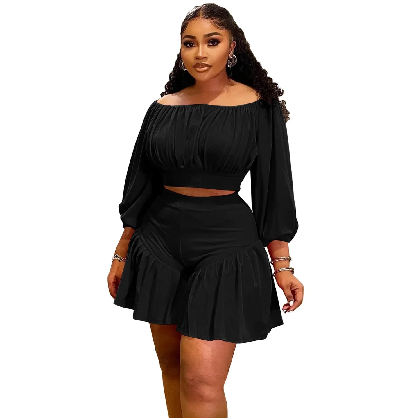 Plus Size Women's Set Long Sleeve Slash Neck T-Shirt and Shorts 2025 Summer Ruched Two 2 Piece Set Outfits Tracksuit black