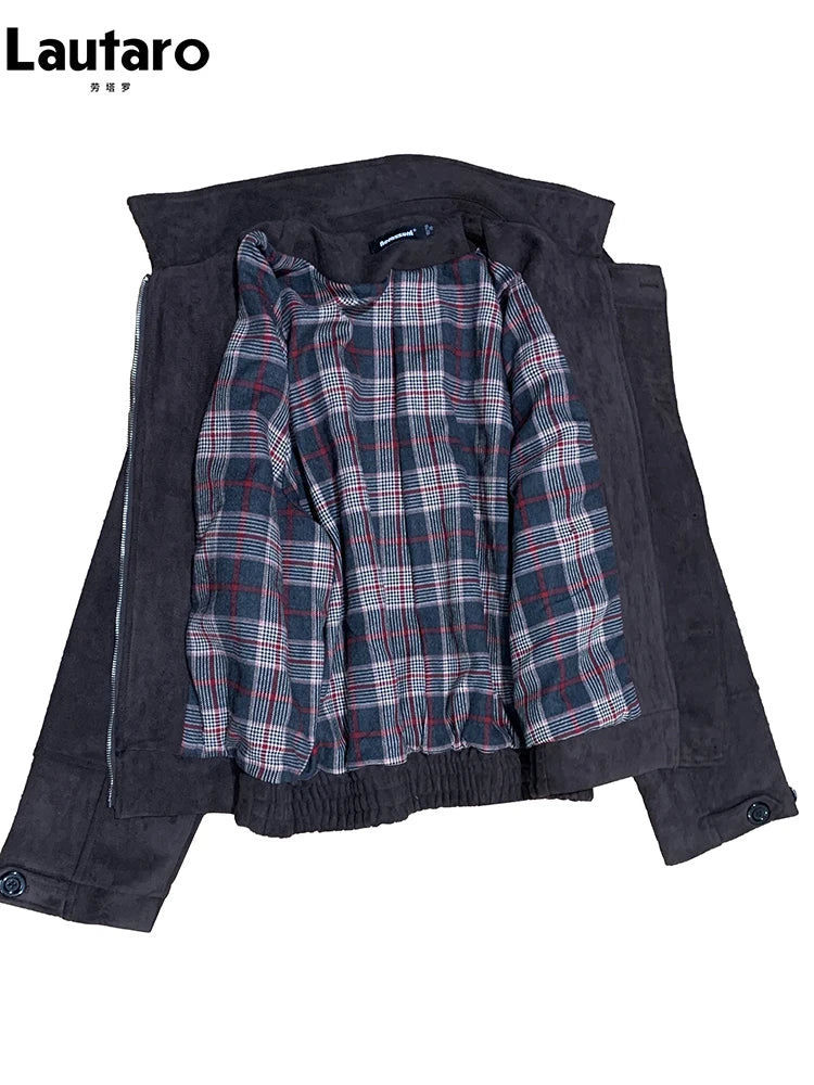 Lautaro Autumn Short Windproof Soft Brown Faux Suede Leather Jacket Men with Plaid Lining Inside Elegant Luxury Designer Clothes