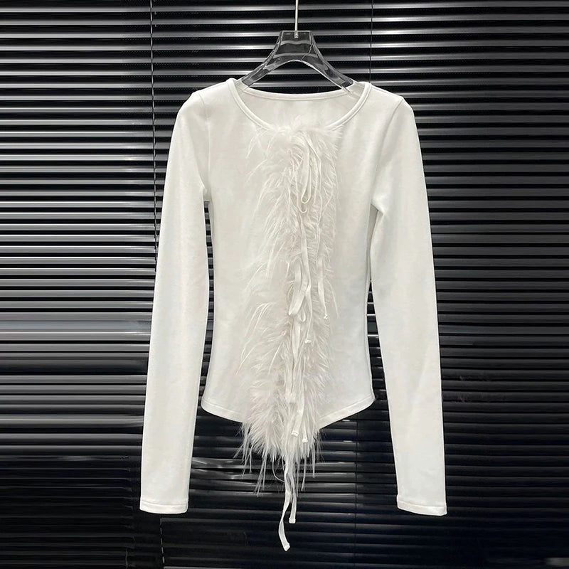 Autumn Winter New Lace-Up Slim Fit T-Shirt For Women High-End Layered Patchwork Base Shirt Top Female Trend 11A07879 White