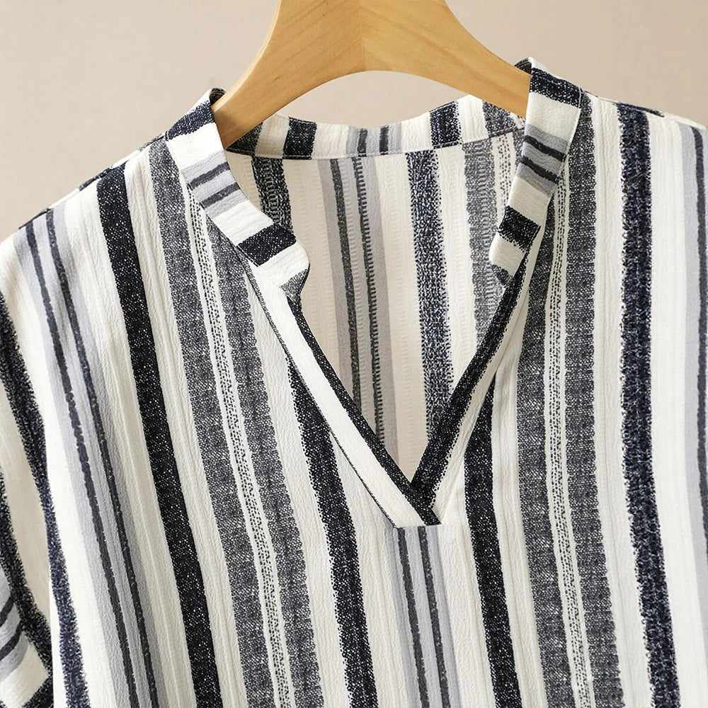 Plus Size Rafiah Women's Sets Summer Simple Basics Stripes Short Sleeve V-Neck Natural Waist Ankle Wide Leg Casual Sets