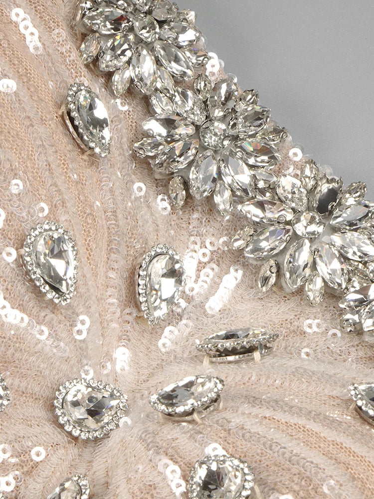 Apricot Sequins Mermaid Long Dress Optical Illusion Strapless Crystals Flowers Embellished Celebrity Evening Party Gowns