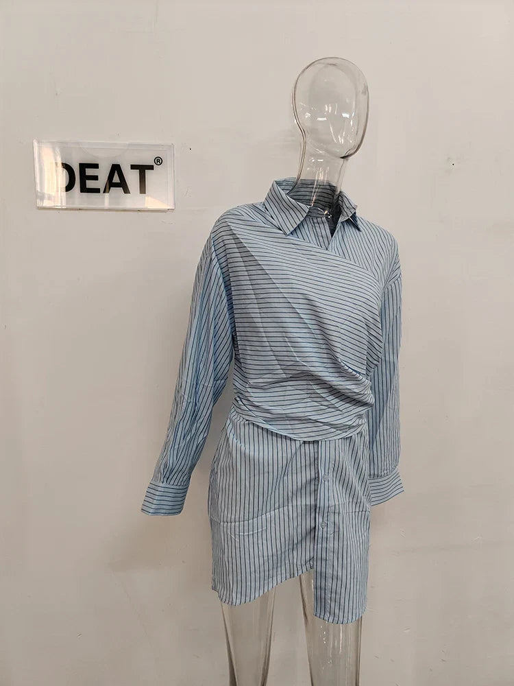 DEAT Fashion Women Blue Stripe Shirt Dress Lapel Single Breasted Full Sleeves Waist Retraction Folds Dresses Spring New College blue