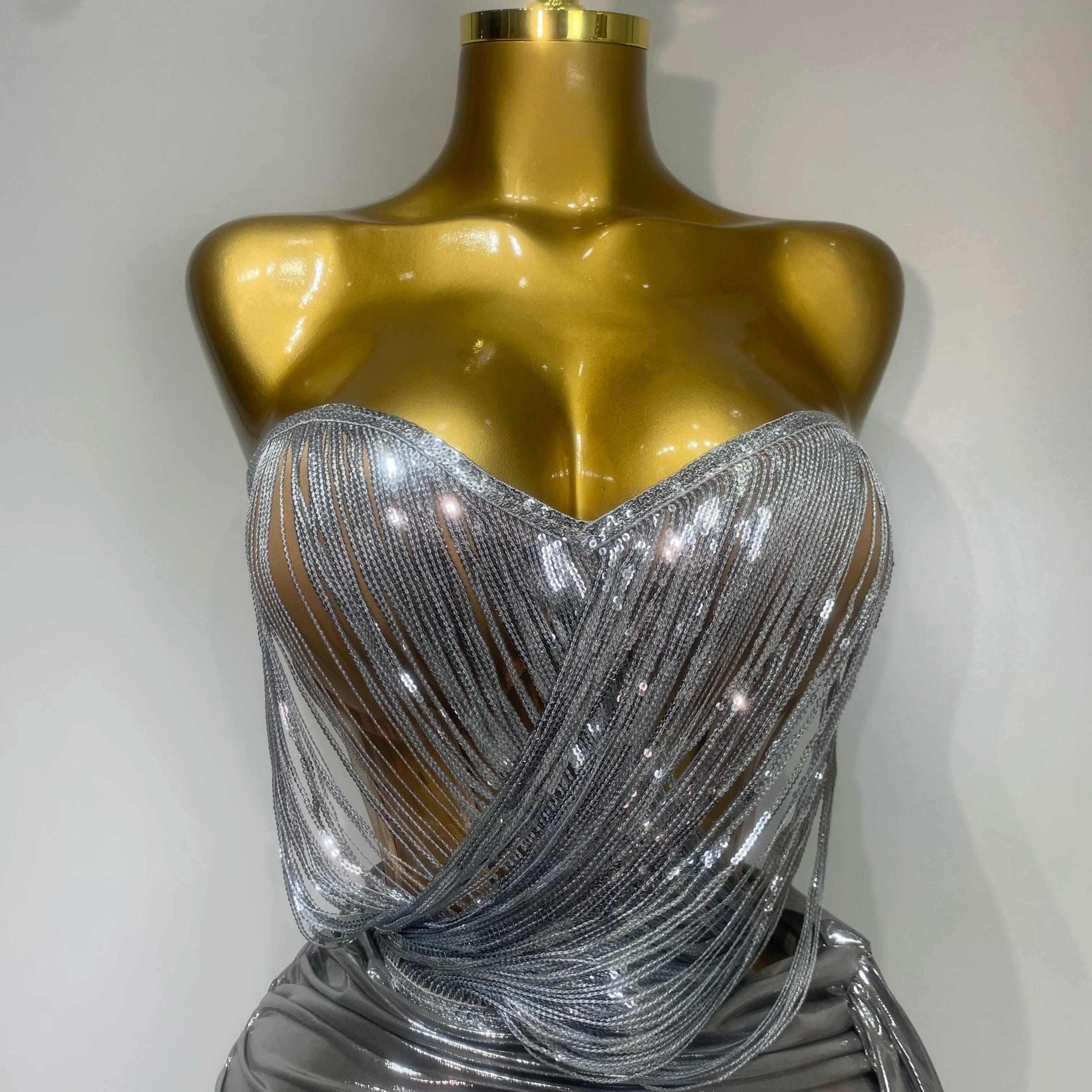 Sparkly Sequin Two Piece Set Sexy Strapless Backless Women Outfit Evening Party Nightclub Stage Performance Dance Costume