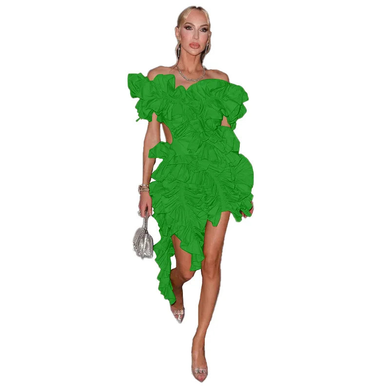 Women Edible Tree Fungus Tierred High Low Asymmetrical Ball Gown Dress 2023 Sexy Club Party Evening High Street Dresses green