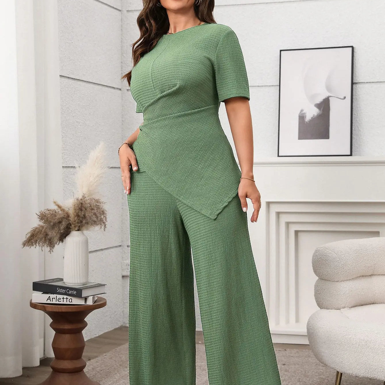 Plus Size Summer 2 Two Piece Set Women Irregular Slim Waist Fashion Ladies Blouses Wide Leg Loose Pleated Woman Long Pants Colour-2