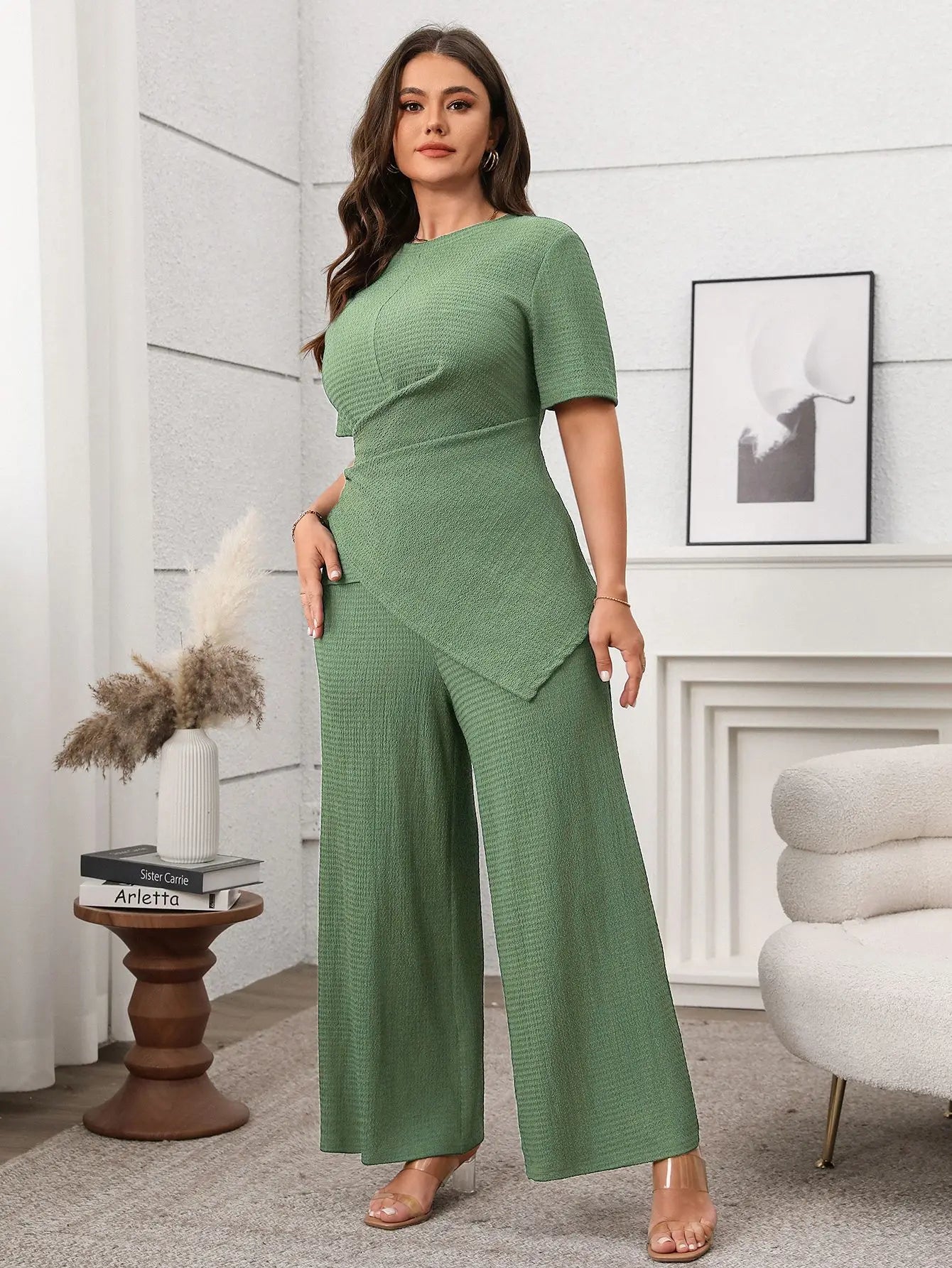 Plus Size Summer 2 Two Piece Set Women Irregular Slim Waist Fashion Ladies Blouses Wide Leg Loose Pleated Woman Long Pants Colour-2