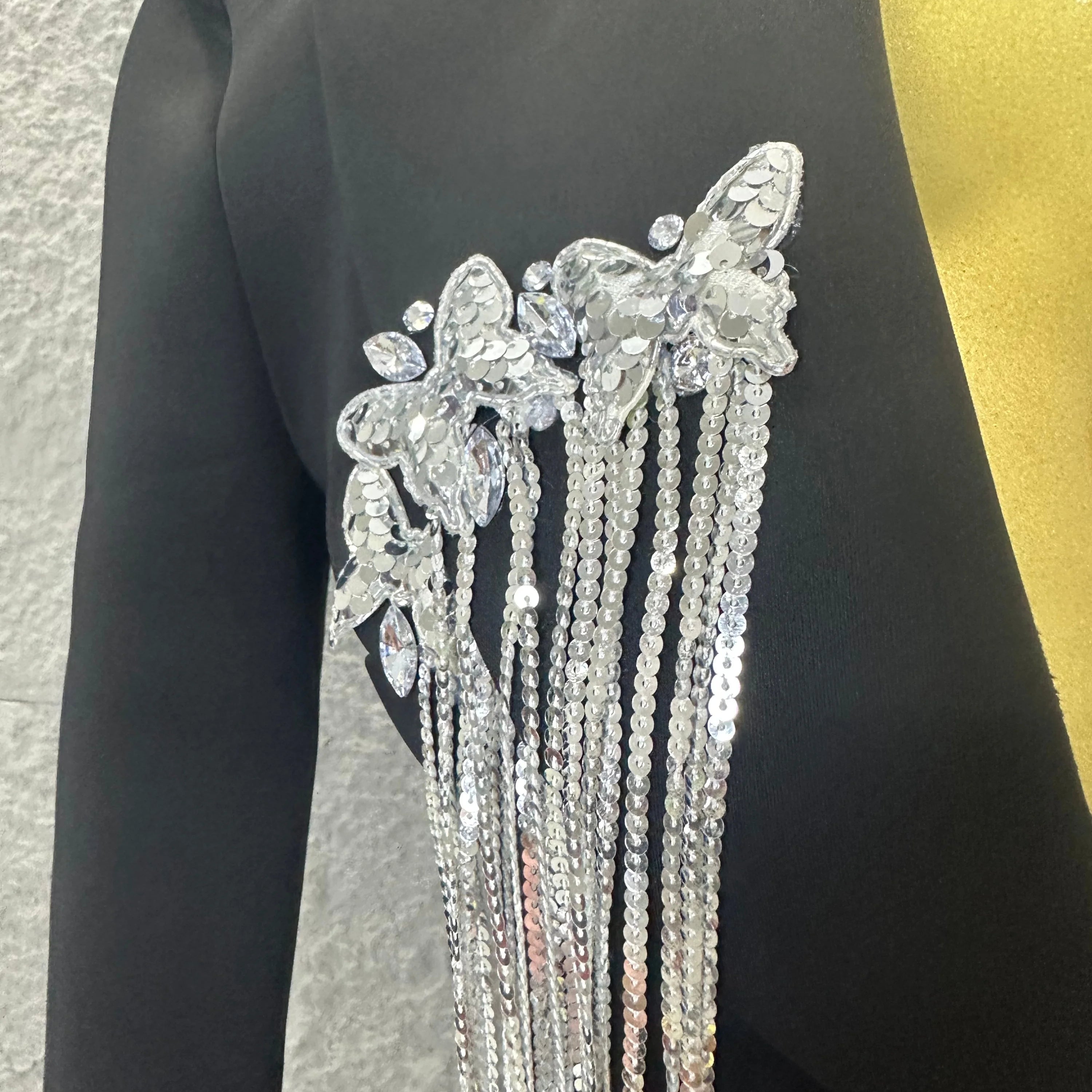 Luxury Black Blazer Mini Dress Deep V Neck Silver Crystal Beaded Butterfly Long Tassel Formal Evening Cocktail Gala Party Gown
