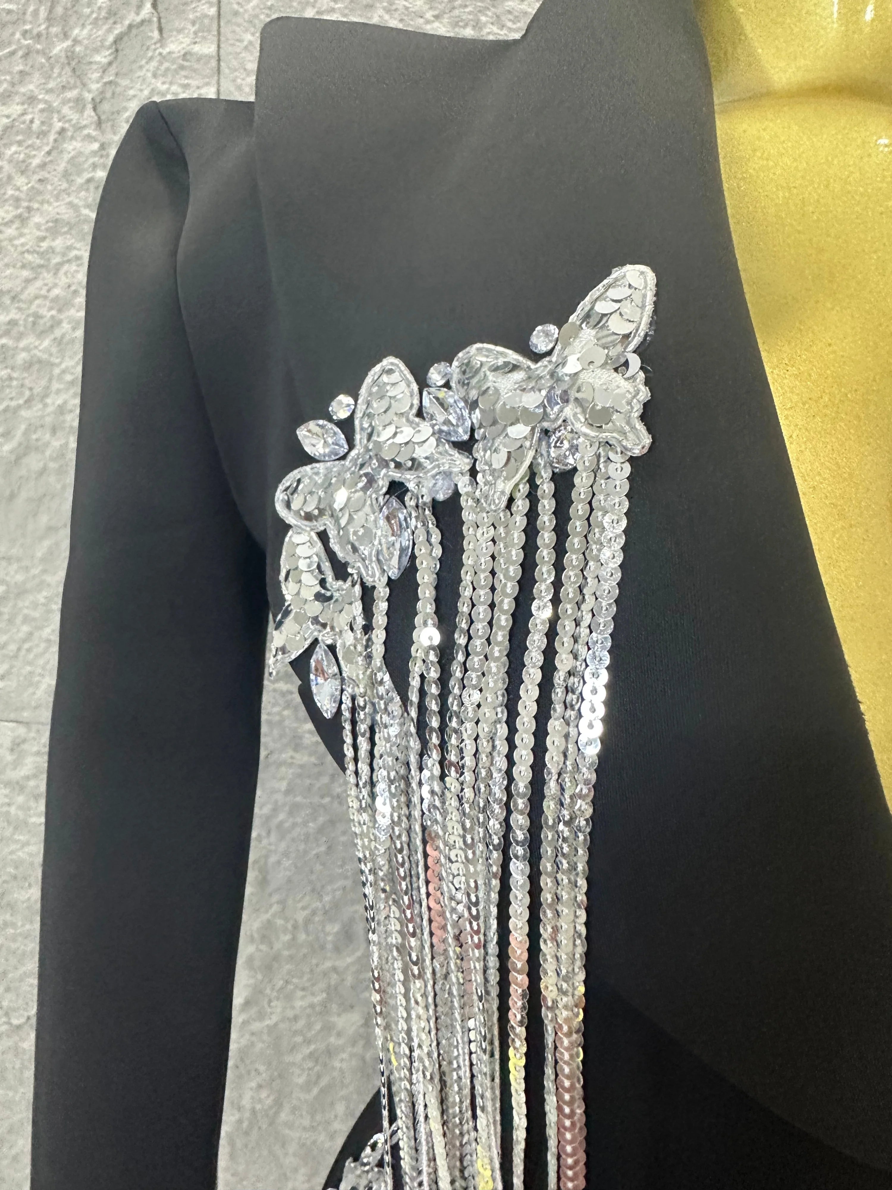 Luxury Black Blazer Mini Dress Deep V Neck Silver Crystal Beaded Butterfly Long Tassel Formal Evening Cocktail Gala Party Gown