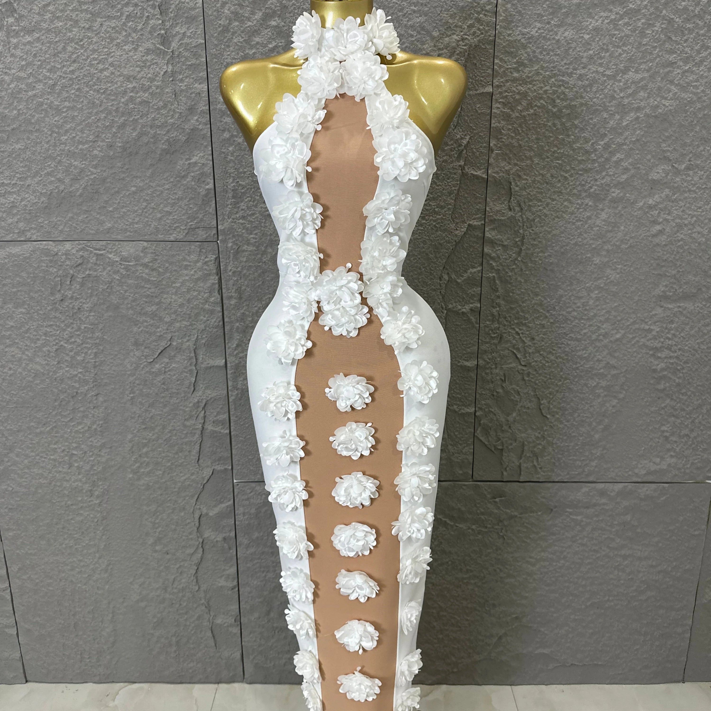 White Halter Neck Maxi Dress Women Sexy Sheer Nude Mesh 3D Floral Applique Form-Fitting Outfit Formal Event Party Costume