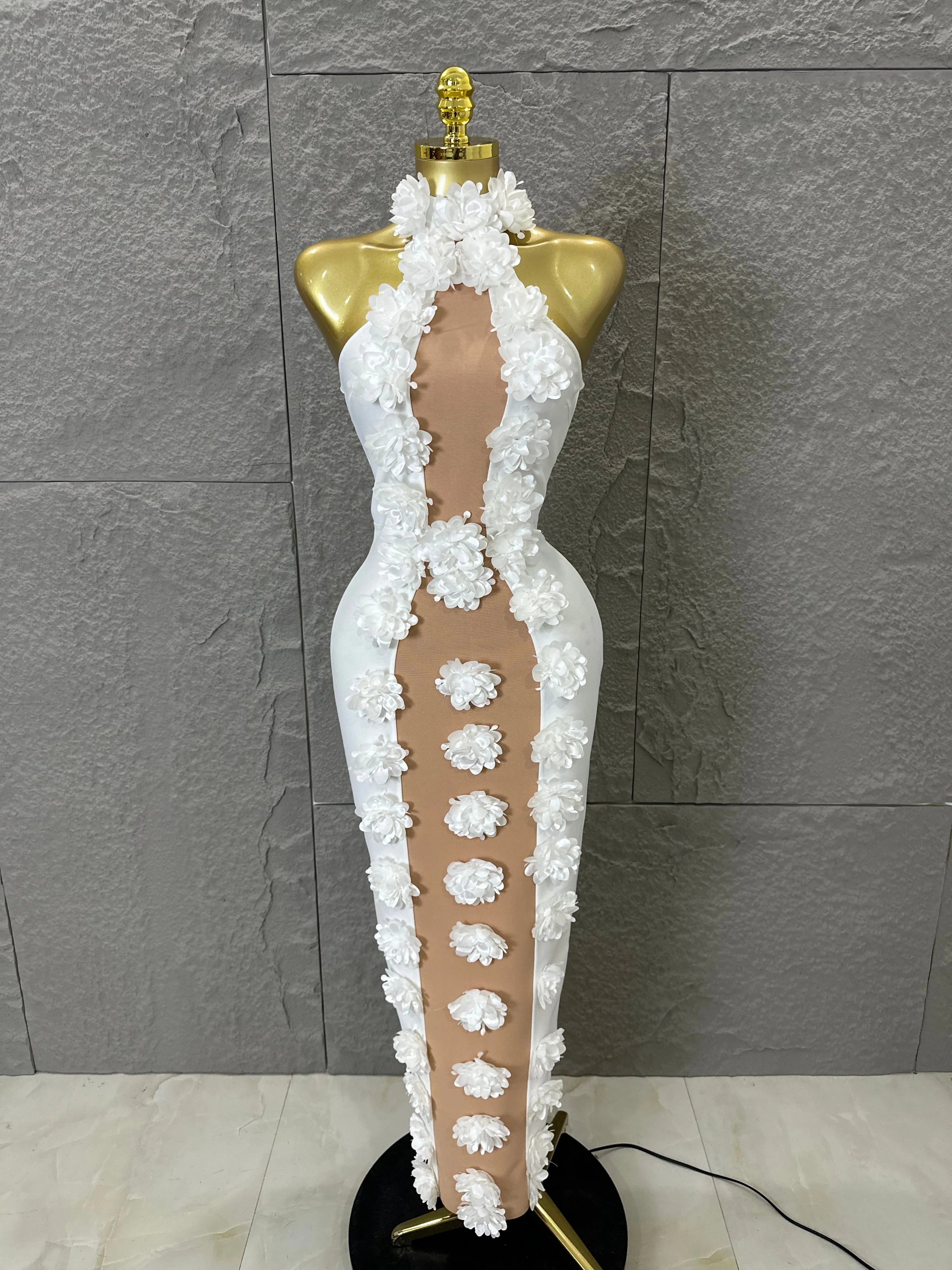 White Halter Neck Maxi Dress Women Sexy Sheer Nude Mesh 3D Floral Applique Form-Fitting Outfit Formal Event Party Costume