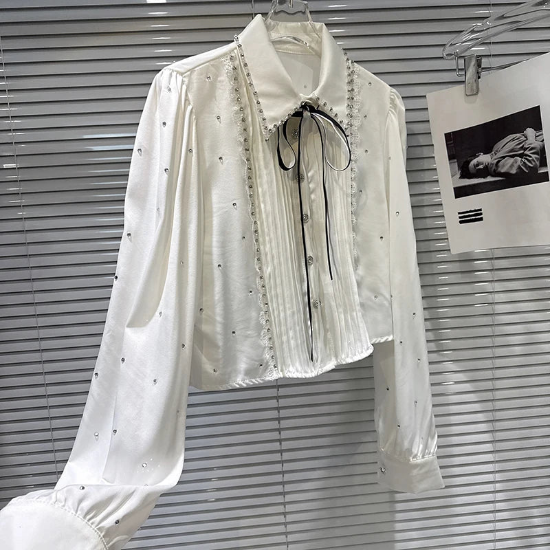 Winter New Fashion Lace-up Bowknot Rhinestone Heavy Industry Long-sleeve Shirt For Women Versatile Blouse 11A07822