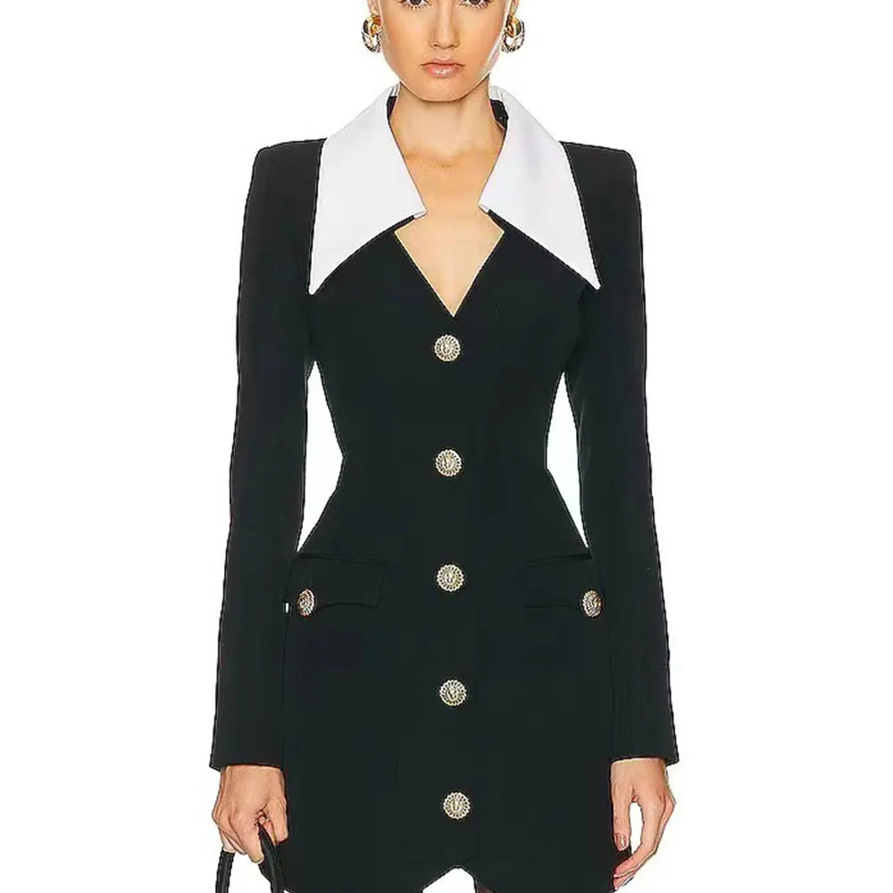 2024 Autumn Women Elegant Bandage Dress with Large Collar Long Sleeve Button Design Bodycon Asymmetric Mini Dress Party Vestidos black