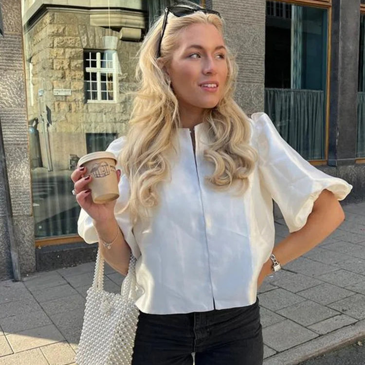 Elegant Satin Ruffle Shirt for Women Lantern Short Sleeve Loose O-neck Female Top Spring Summer Fashion Lady Streetwear