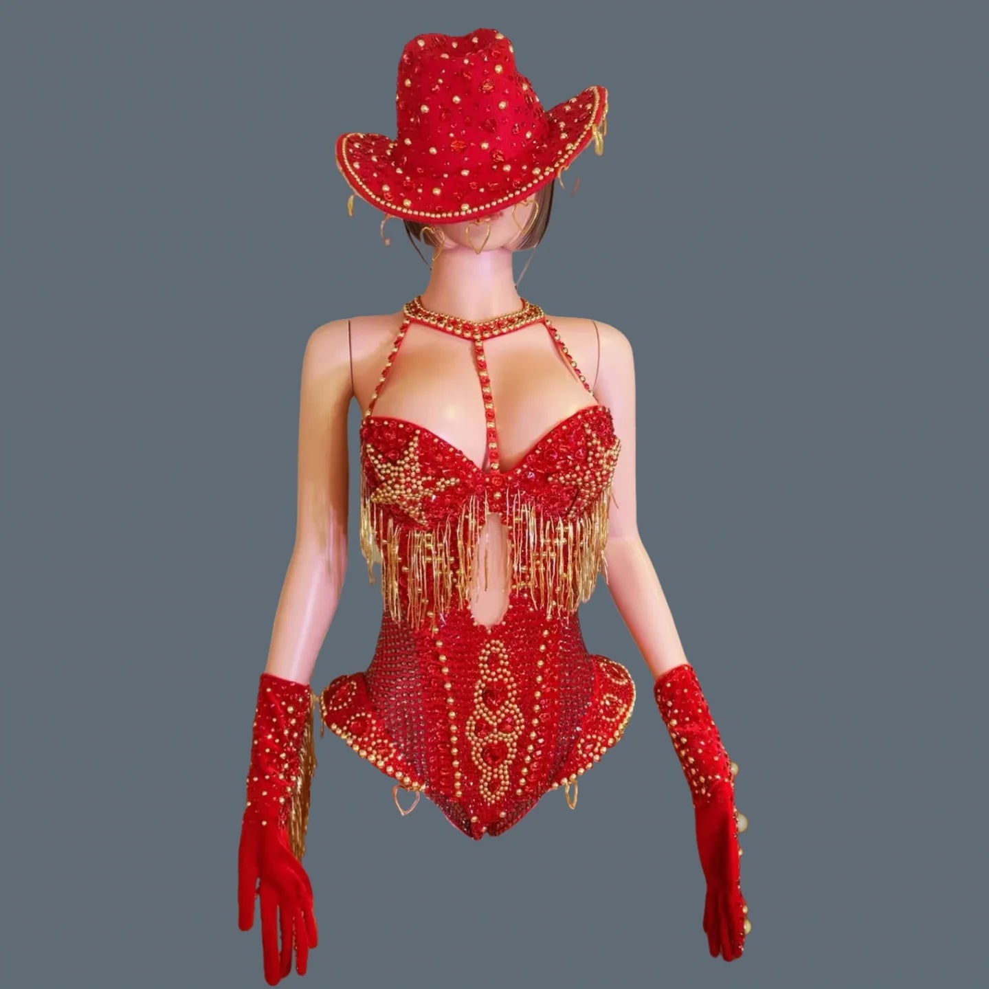 Sparkly Rhinestone Tassel Luxury Bodysuit 4Piece Set Cowboy Night Out Party Outfit Stage Show Jumpsuit Carnival Wear Hongding Red