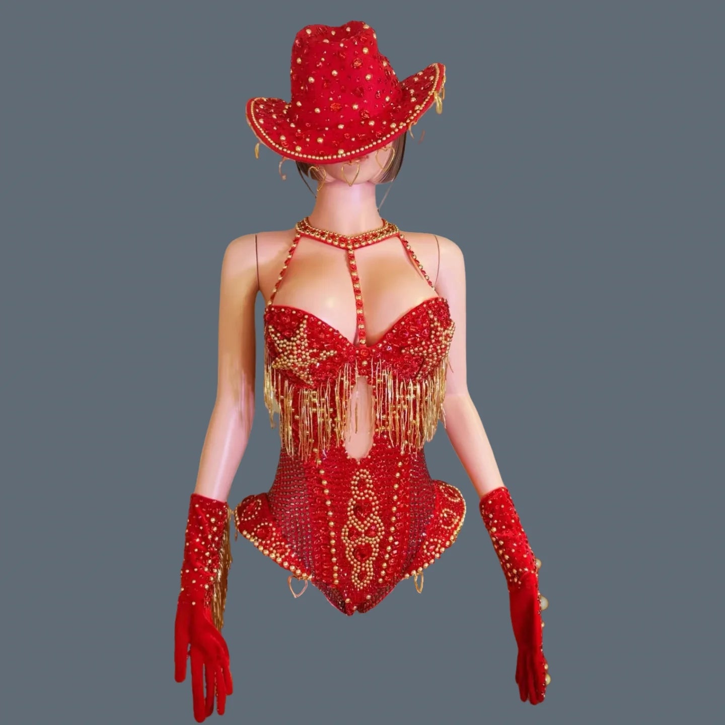 Women Sparkly Rhinestone Bodysuit 4Pieces Set Night Party Cowboy Show Outfit Cabaret Carnival Showgirl Sexy Jumpsuit Hongding red bodysuit set