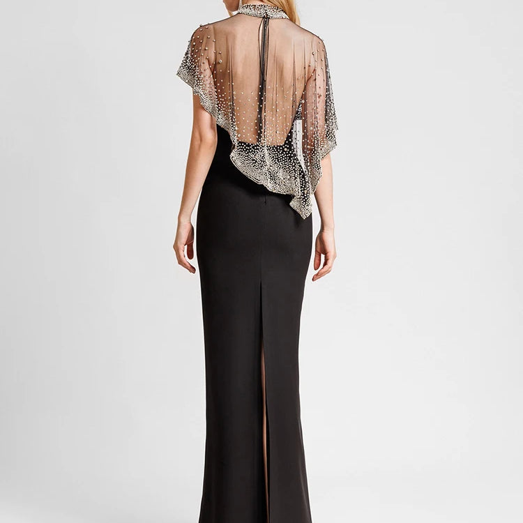 Luxury Sheer Beaded Mesh Cape Black Maxi Strapless Sleeveless Dress for Formal Events Gown