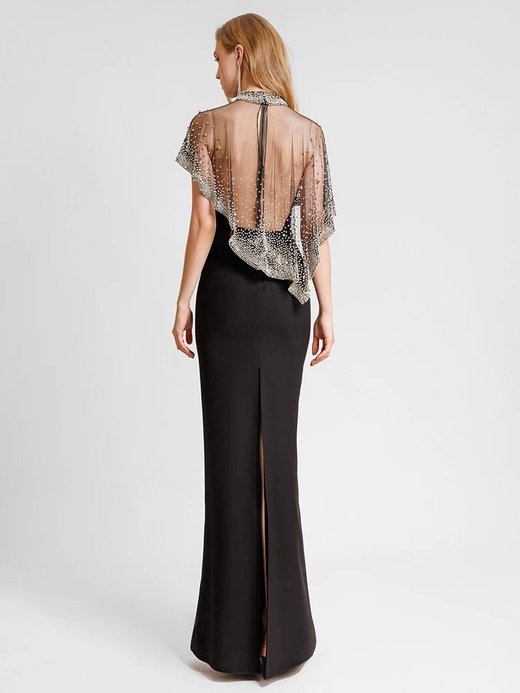 Luxury Sheer Beaded Mesh Cape Black Maxi Strapless Sleeveless Dress for Formal Events Gown