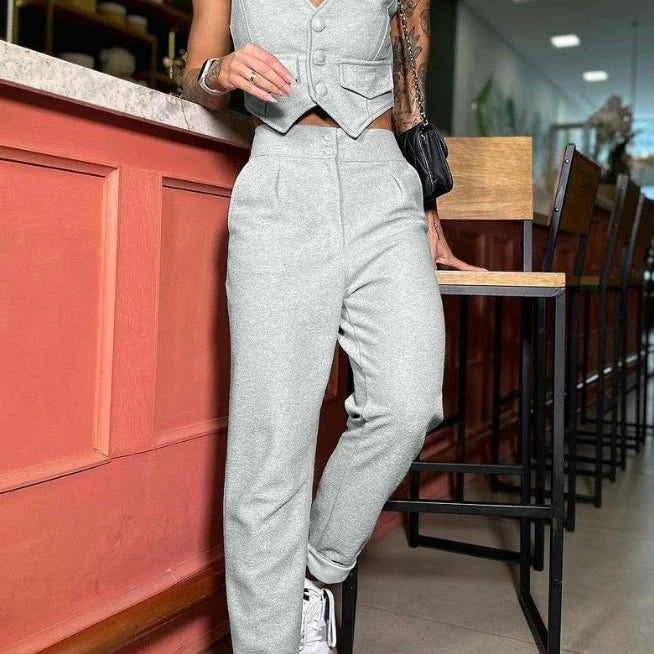 Two Piece Set Women Outfit 2023 Summer Fashion V-Neck Buttoned Sleeveless Vest Top & Casual High Waist Pocket Daily Pants Set