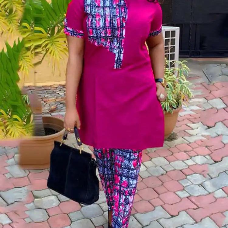 Plus Size VONDA Elegant Women Sets 2024 Office Suits Stand up Short Sleeve Printed Tops Pants Sets Oversized Pants Matching Sets