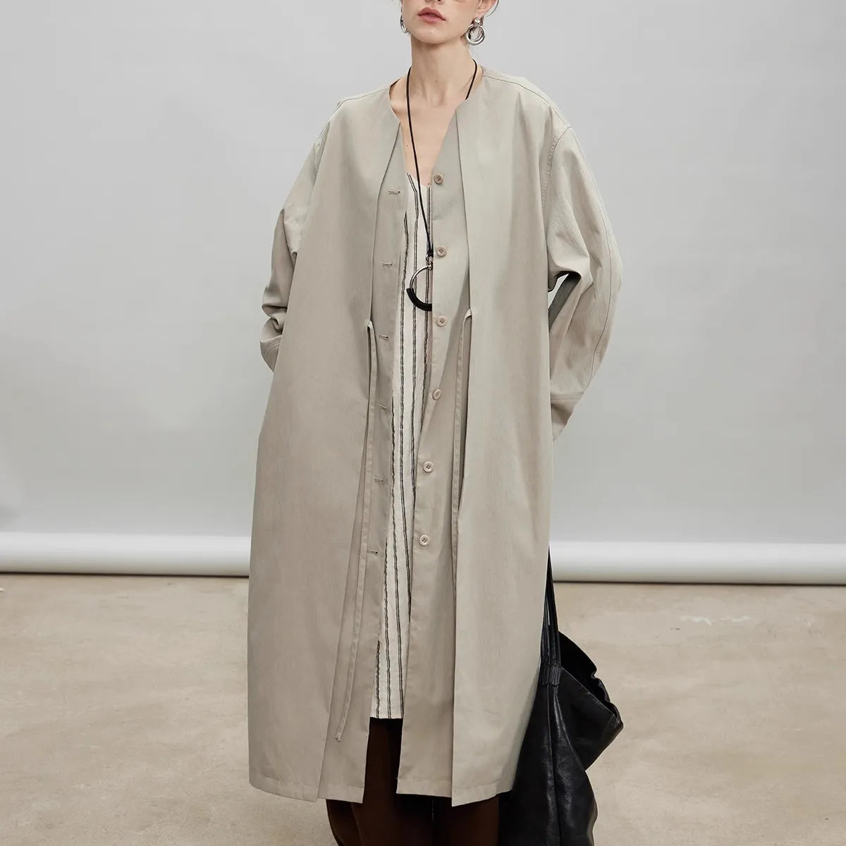 Lautaro Spring Autumn Oversized Long Flowy Soft Trench Coat for Women V Neck Elegant Luxury Designer Fake 2 Piece Clothes 2025