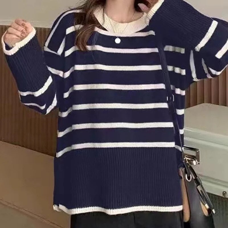 Women Striped Loose Thermal Sweater O-Neck Long Sleeve Thicken Knitted Pullovers Casual Sweater For Women 2024 Autumn Winter BLUE One Size