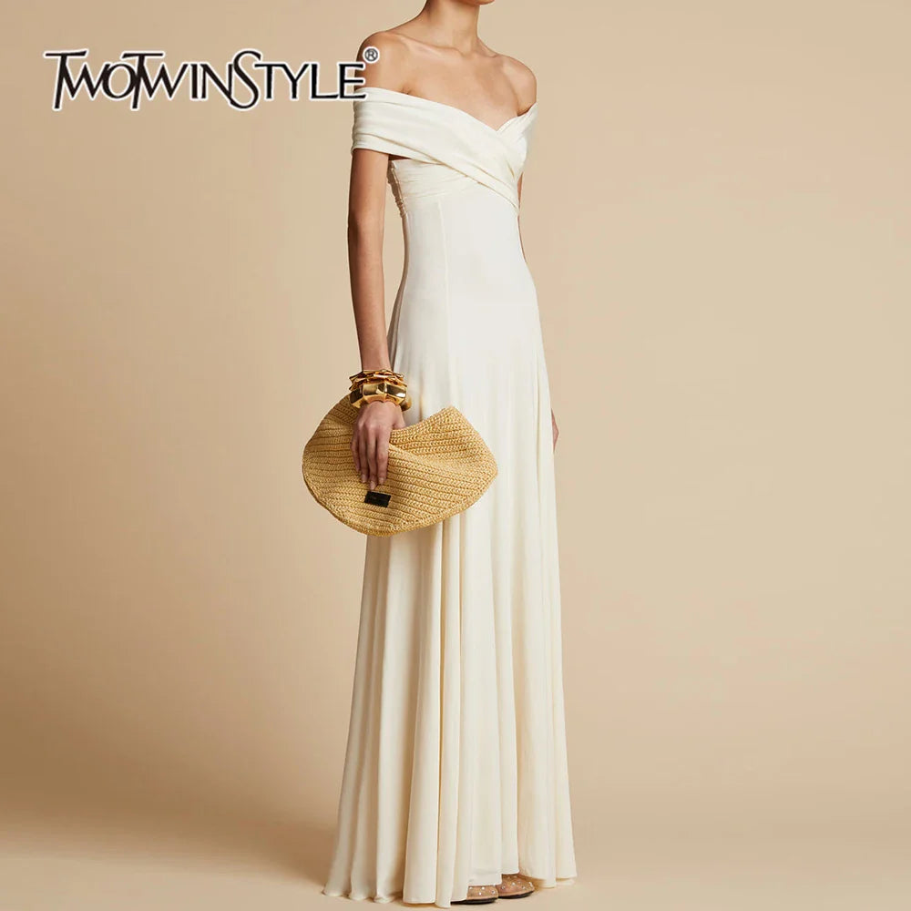 Solid Minimalist A Line Dresses For Women Slash Neck High Waist Patchwork Folds Slimming Dress Female Fashion New