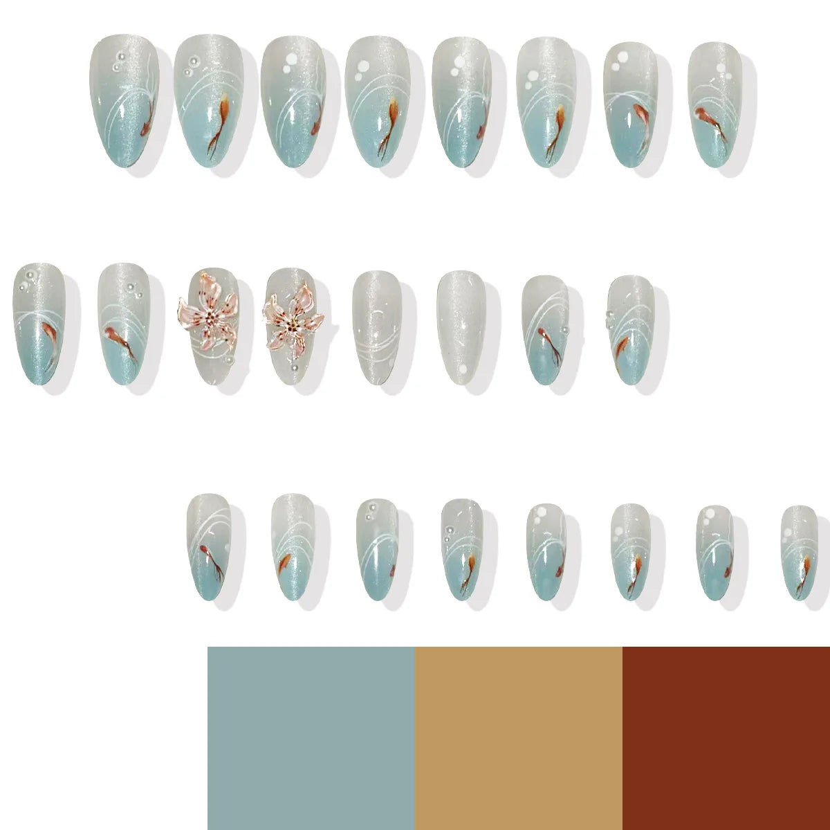 24pcs 3D Carved Petal Decor False Nails Gradient Blue Almond Fake Nails Tips Wearable Detachable Spice Girl Press on Nails