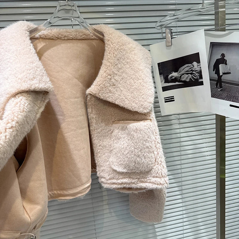 Winter New Sweet Temperament Fur Sailor Collar Fleece Short Coat For Women Versatile Zipper Warm Jacket 11A07855