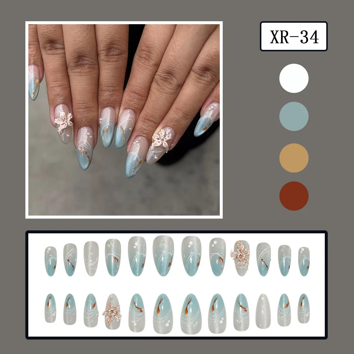 24pcs 3D Carved Petal Decor False Nails Gradient Blue Almond Fake Nails Tips Wearable Detachable Spice Girl Press on Nails 1