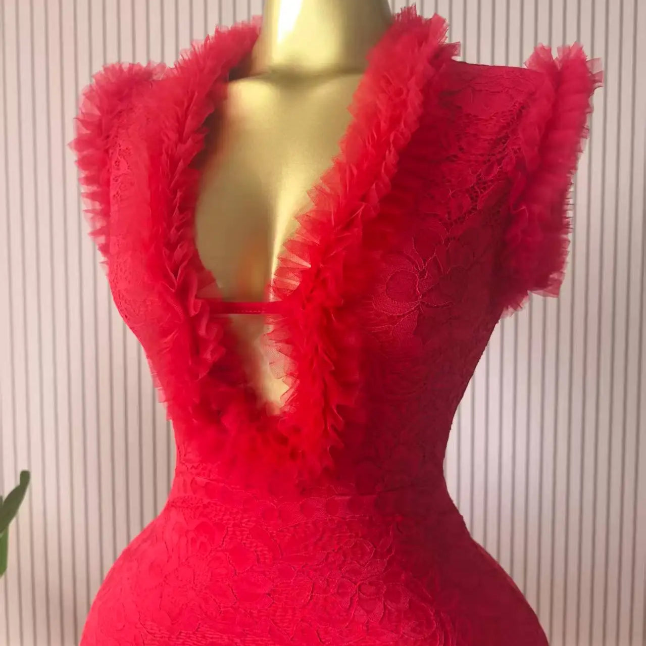 CM.YAYA Women Ruffles Splicing Deep V-neck Lace Floral Bodycon Midi Dress 2025 Birthday Night Club Party Vestidos Sexy Dresses