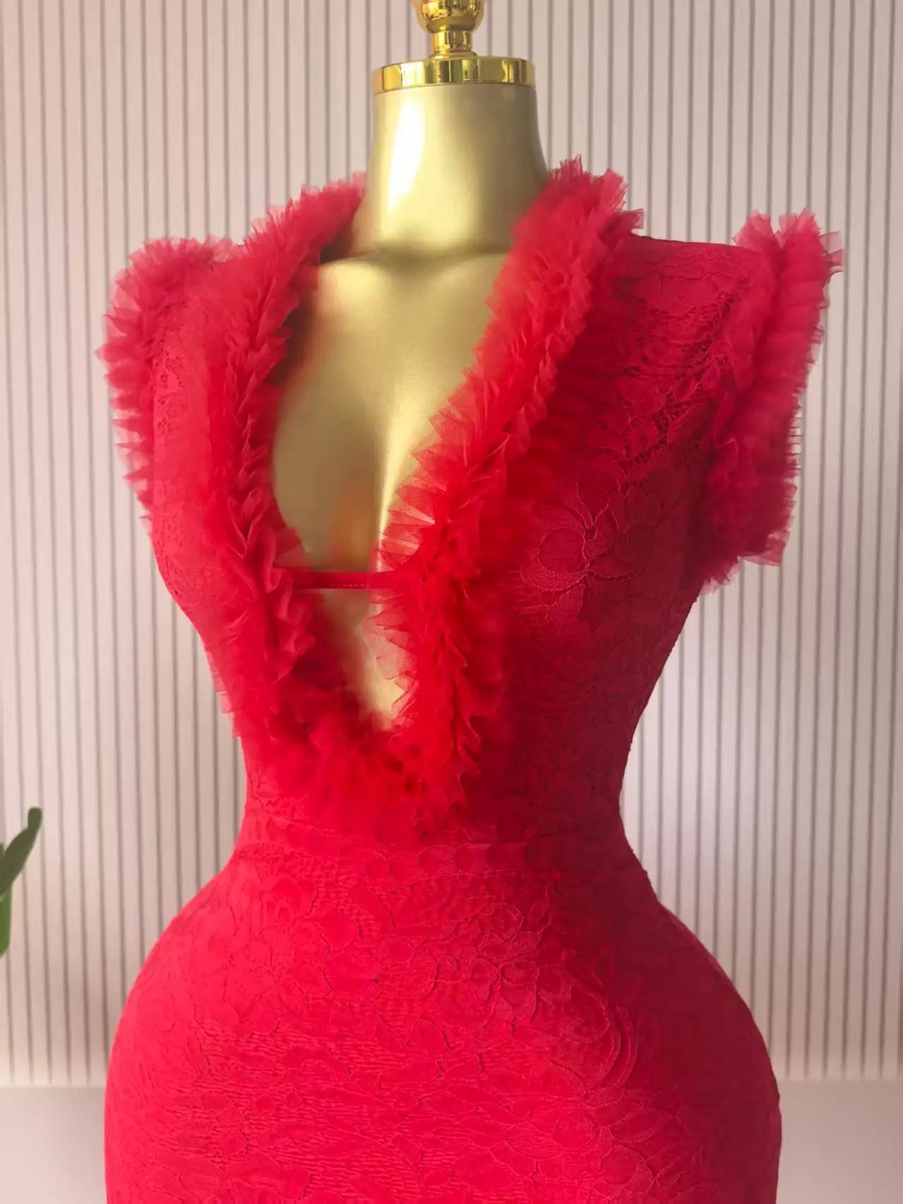 CM.YAYA Women Ruffles Splicing Deep V-neck Lace Floral Bodycon Midi Dress 2025 Birthday Night Club Party Vestidos Sexy Dresses