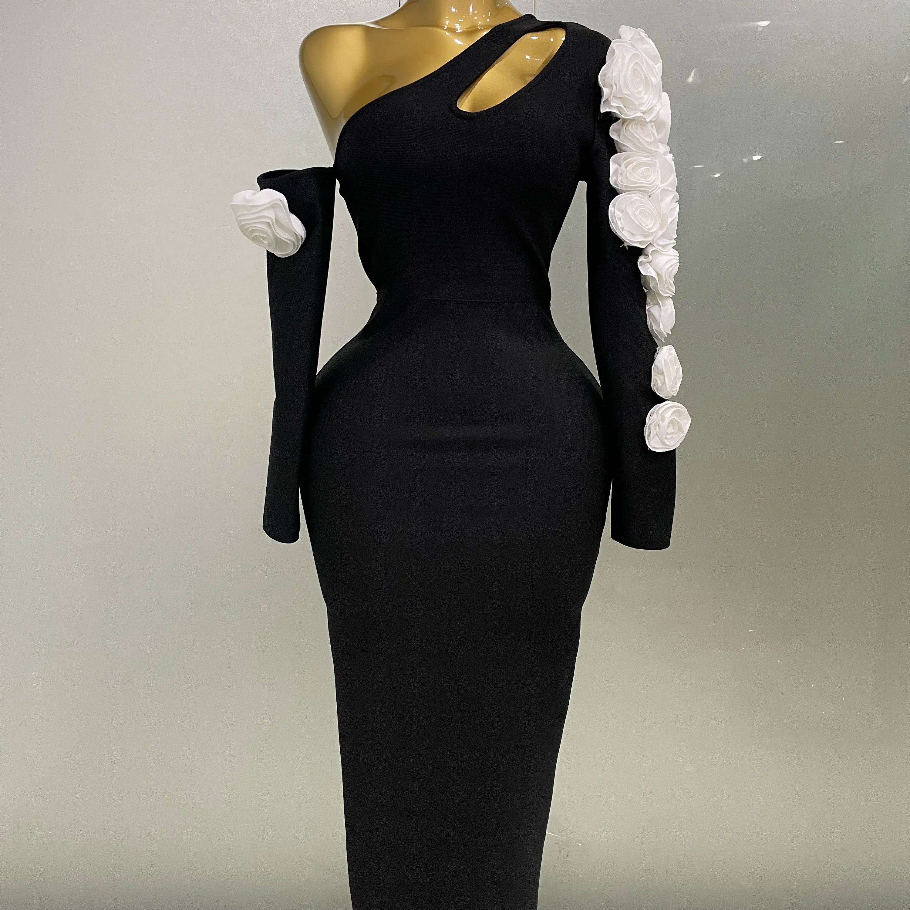 2025 New Sexy One Shoulder Key Hole Flower Maxi Long Bodycon Bandage Dress Women Knitted Elegant Evening Club Party Outfit black