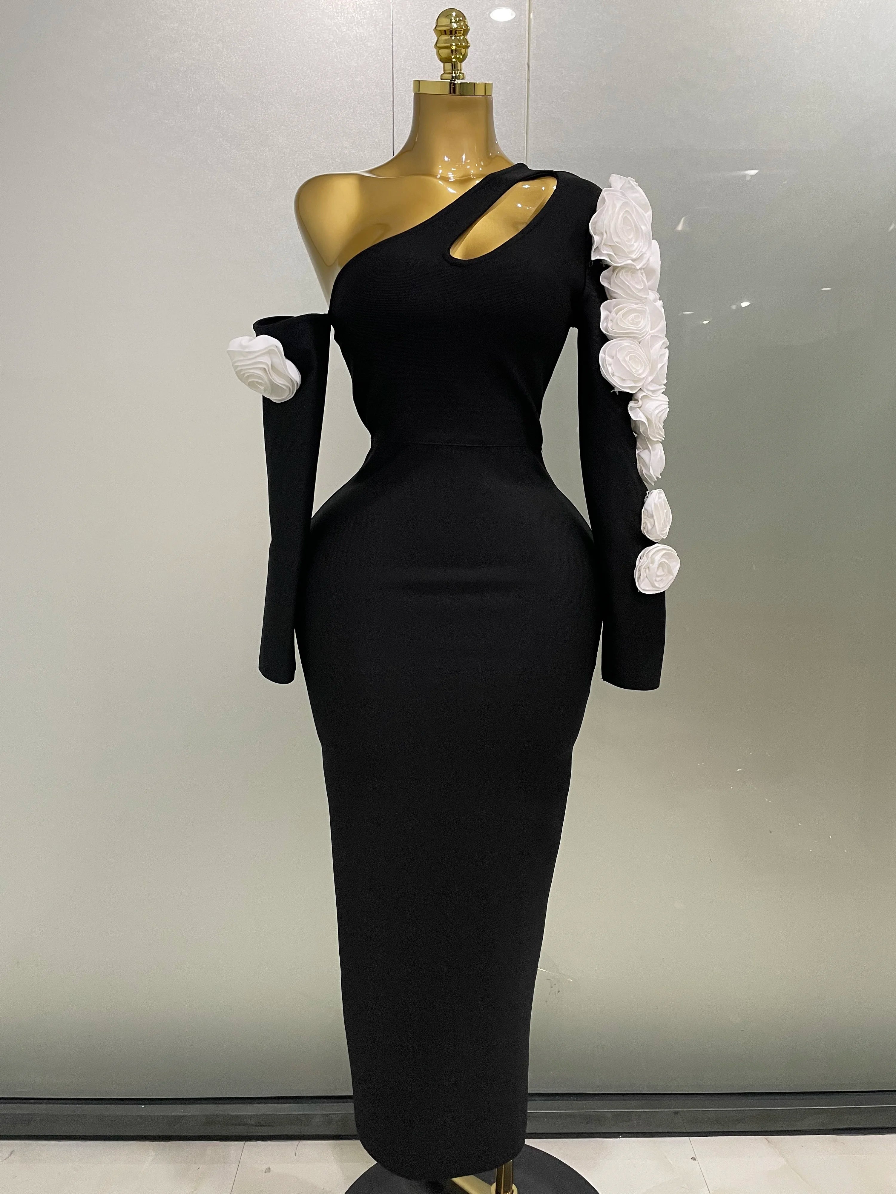 2025 New Sexy One Shoulder Key Hole Flower Maxi Long Bodycon Bandage Dress Women Knitted Elegant Evening Club Party Outfit black